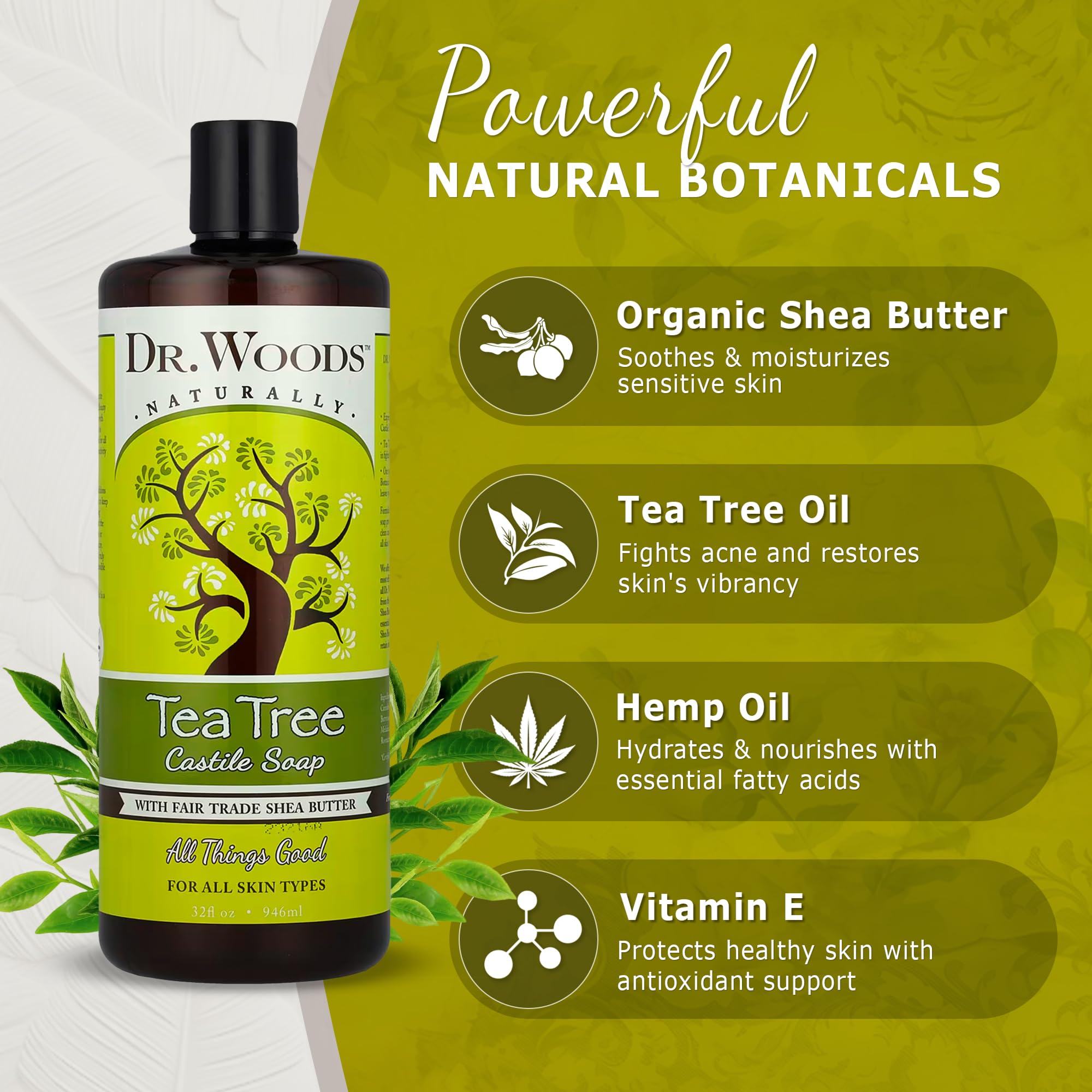 Dr. Woods Jabon Castile Tea Tree: aceites naturales para piel suave