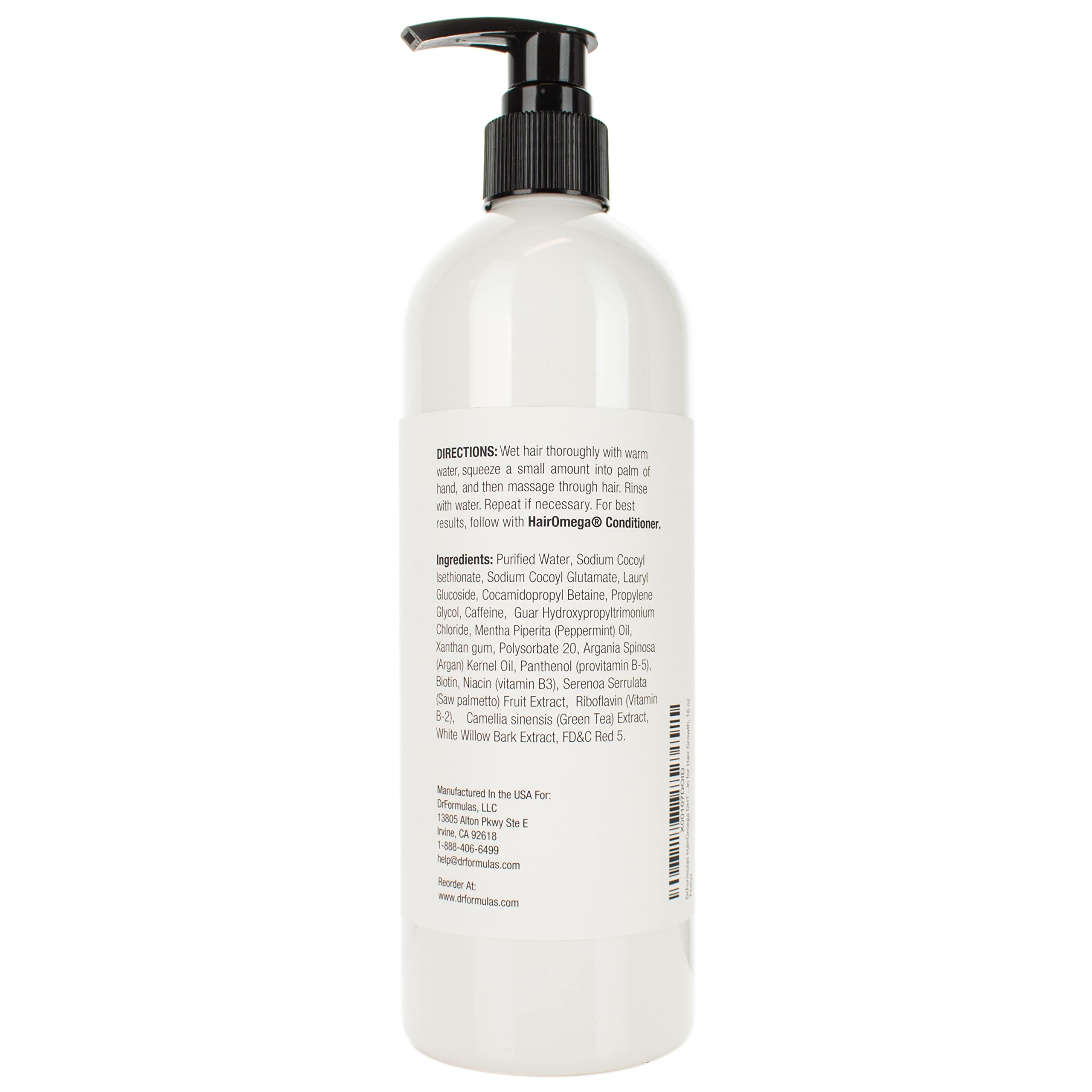 DrFormulas HairOmega shampoo vista lateral para uso diario.