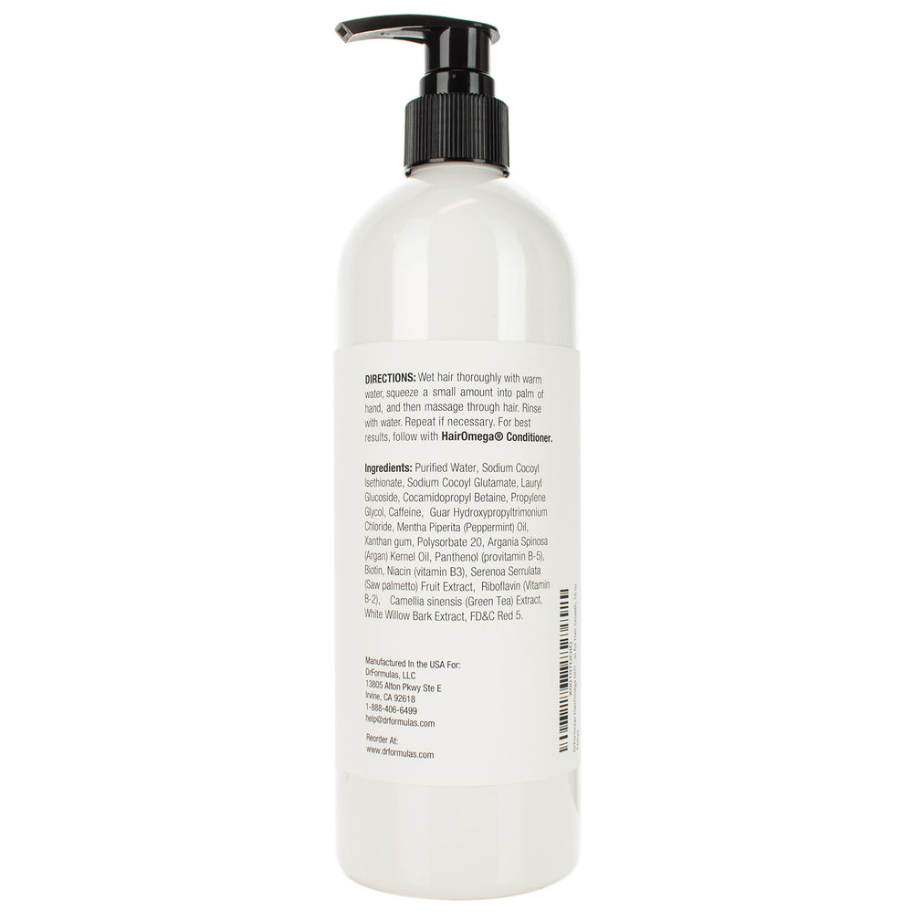 DrFormulas HairOmega shampoo vista lateral para uso diario.