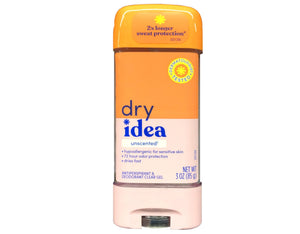 Dry Idea gel desodorante claro sin perfume, envase compacto para uso diario