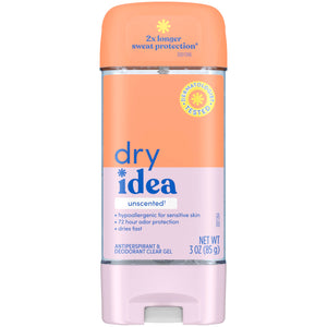 Dry Idea Gel desodorante para mujer sin fragancia, protección diaria para piel sensible.