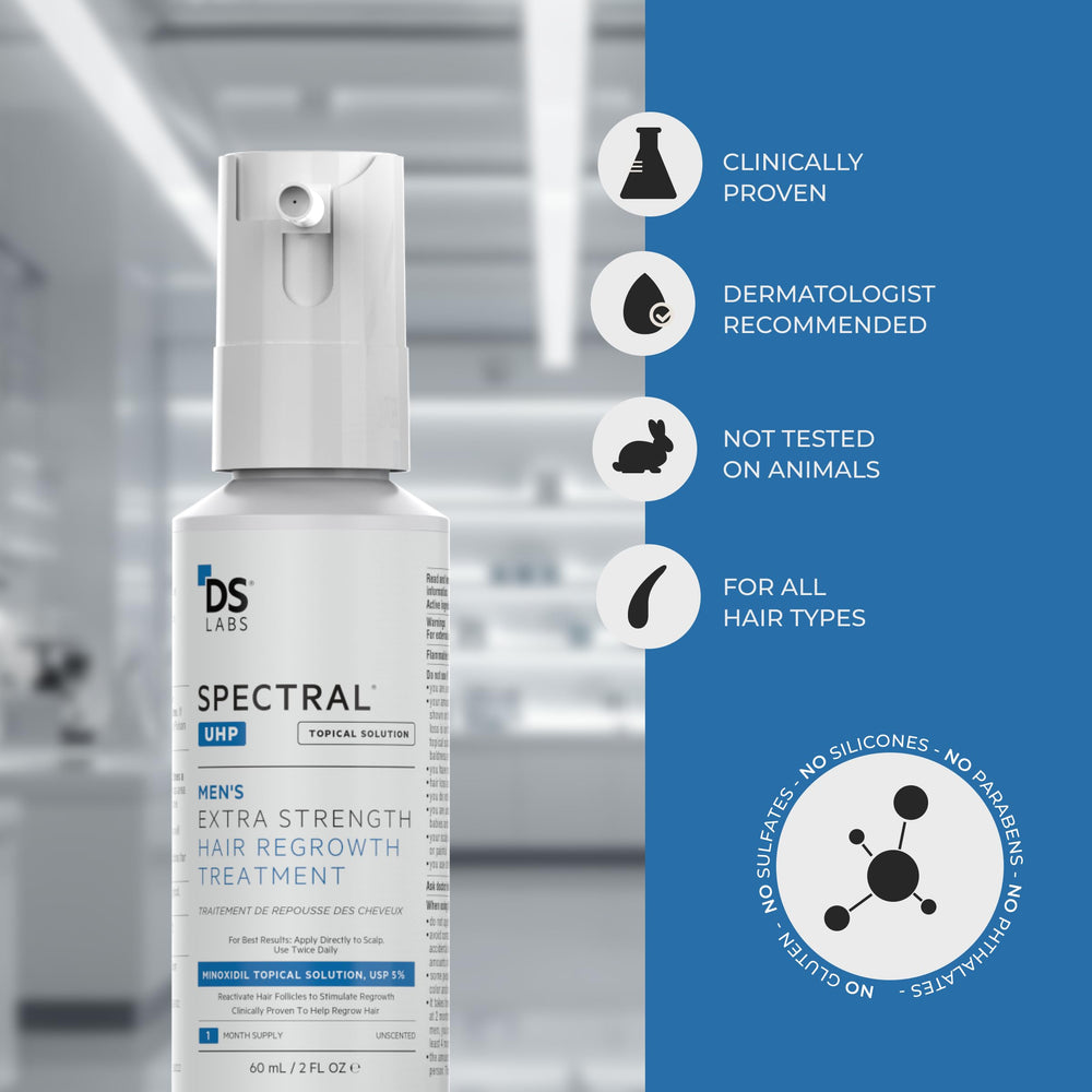 DS Labs Spectral.UHP zona coronada como foco del tratamiento de densidad capilar.