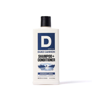 Duke Cannon Midnight Swim 2-en-1: frasco frontal, limpieza rápida para días ocupados.