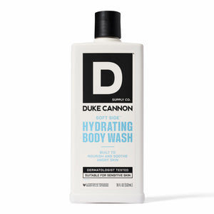 Duke Cannon Ducha Corporal Hidratante, frente de la botella, hidratación para piel seca.