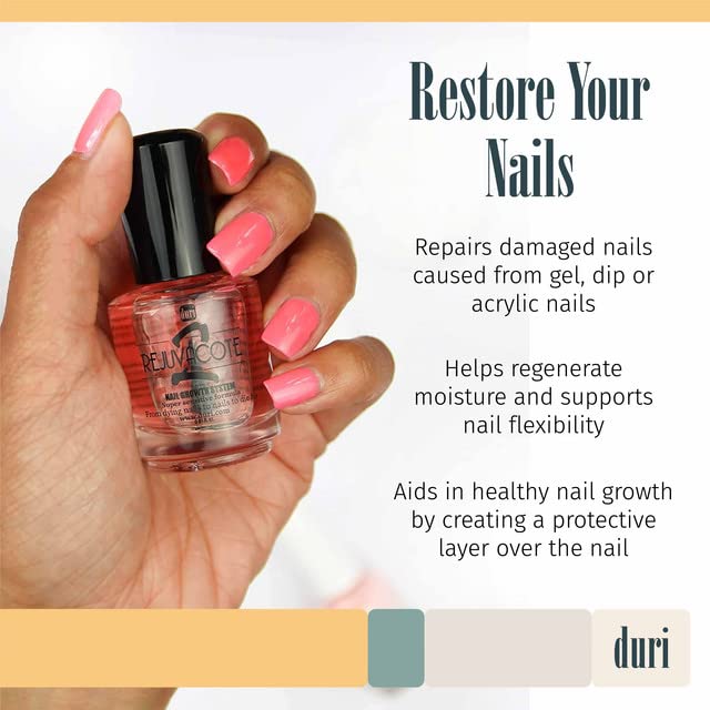 Duri Rejuvacote 2 fórmula sensible, cuidado suave para uñas delicadas.