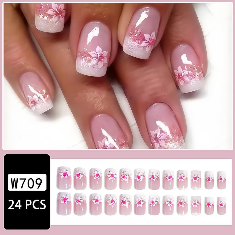 DZPGUONIZ detalle de diseño floral en uñas francesas rosadas