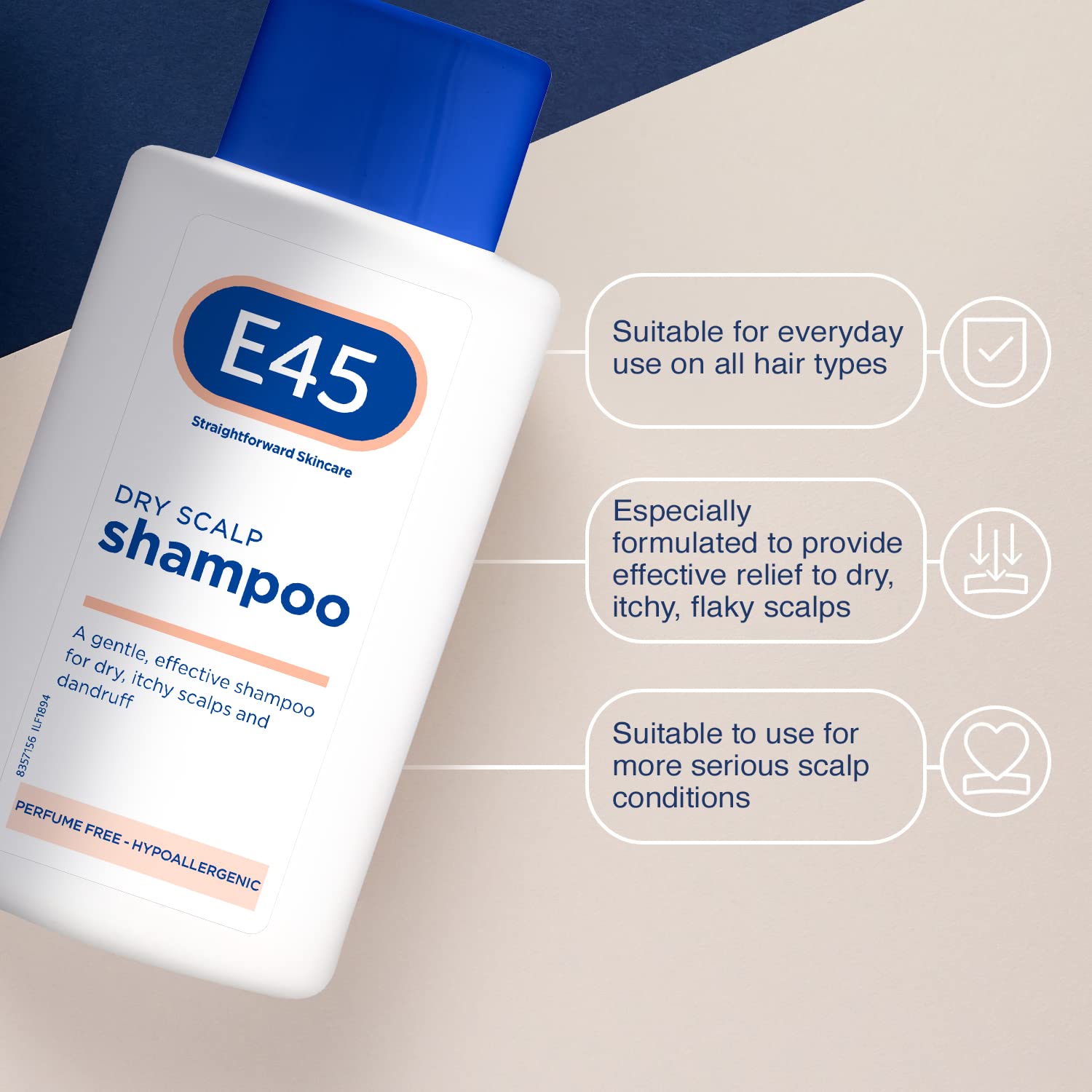 Fórmula sin fragancia de E45, apta para piel sensible del cuero cabelludo