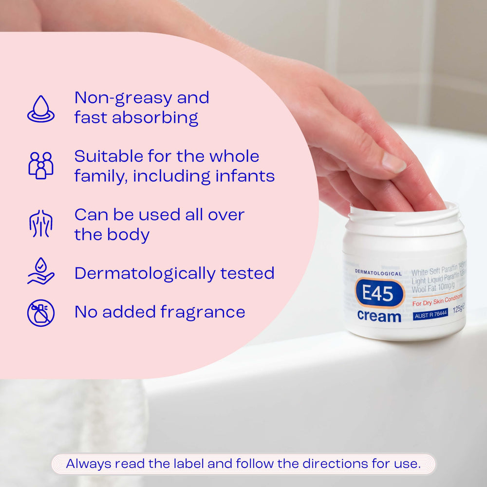 E45 Crema Dermatológica 125 g, cuidado de piel seca con barrera protectora.