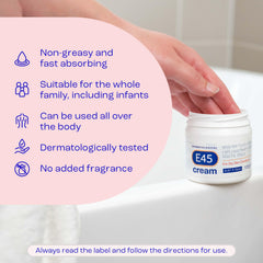 E45 Crema Dermatológica 125 g, cuidado de piel seca con barrera protectora.