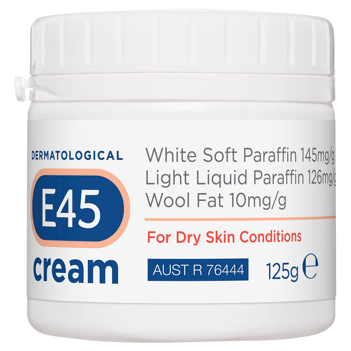 E45 Crema Dermatológica 125 g, textura cremosa, hidratación rápida para piel seca.