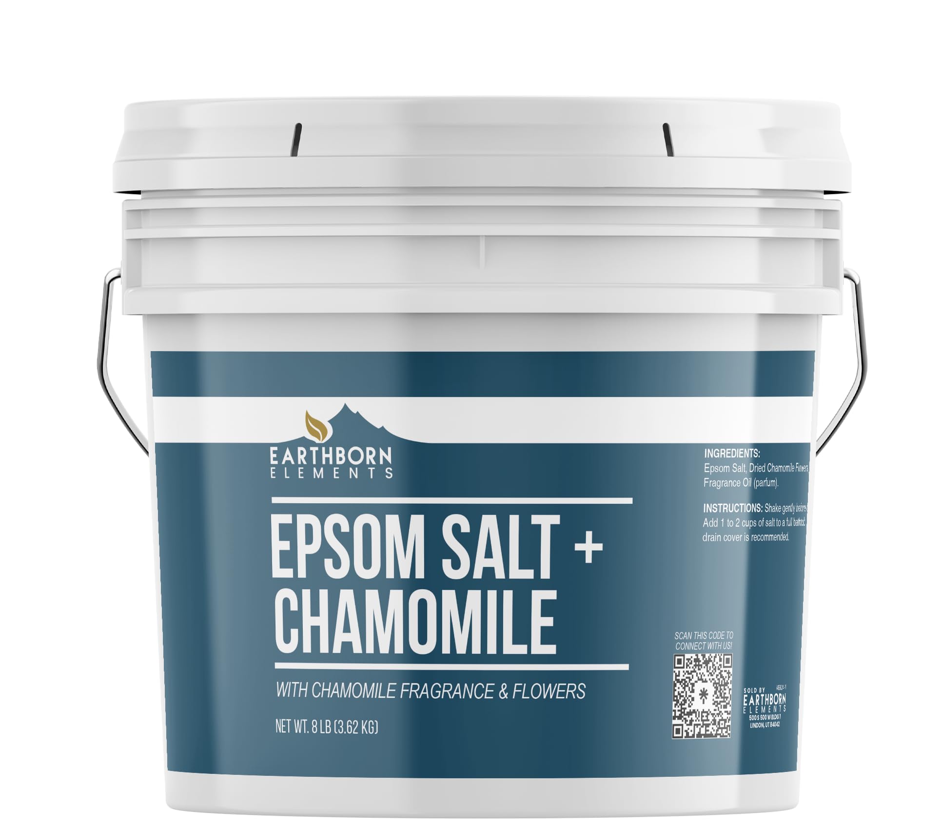 Earthborn Elements Sal Epsom con manzanilla y fragancia en bote, ideal para un baño relajante.