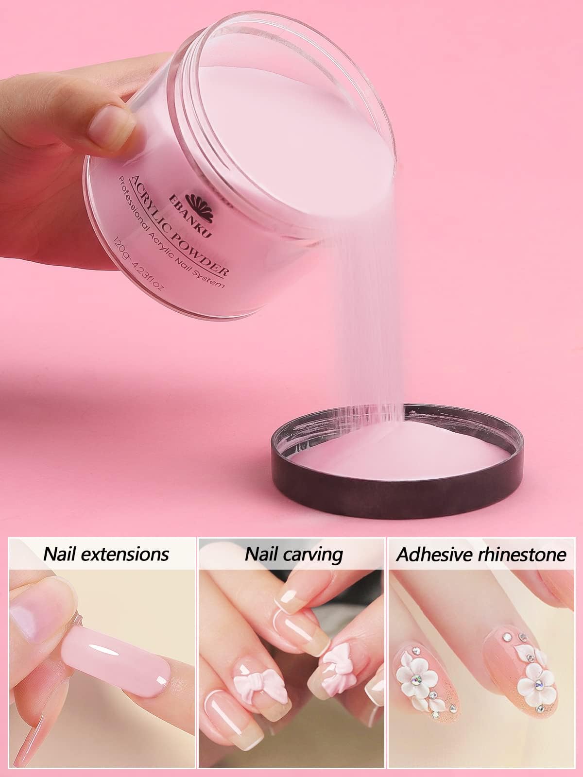 EBANKU alta adherencia, polvo acrilico rosa para uñas naturales o artificiales.