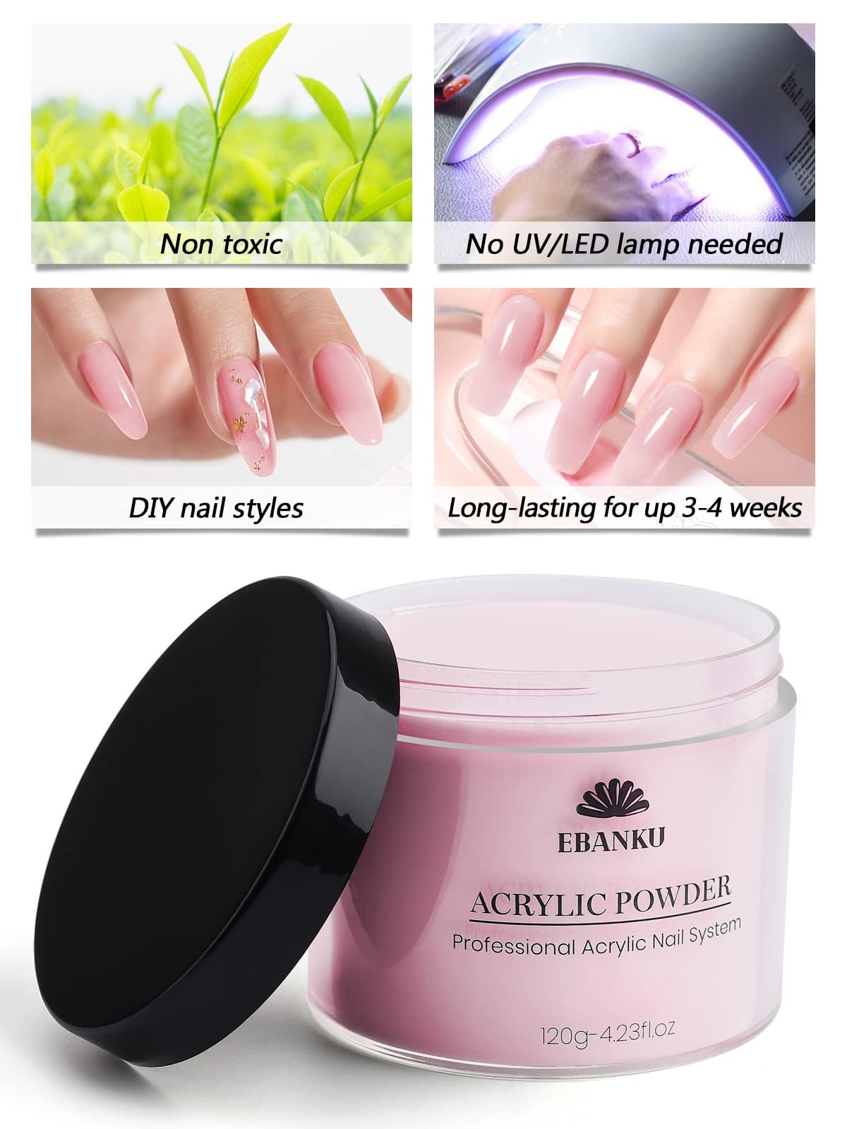 EBANKU aplicación sin lámpara, polvo acrilico rosa facilita secado natural en uñas.