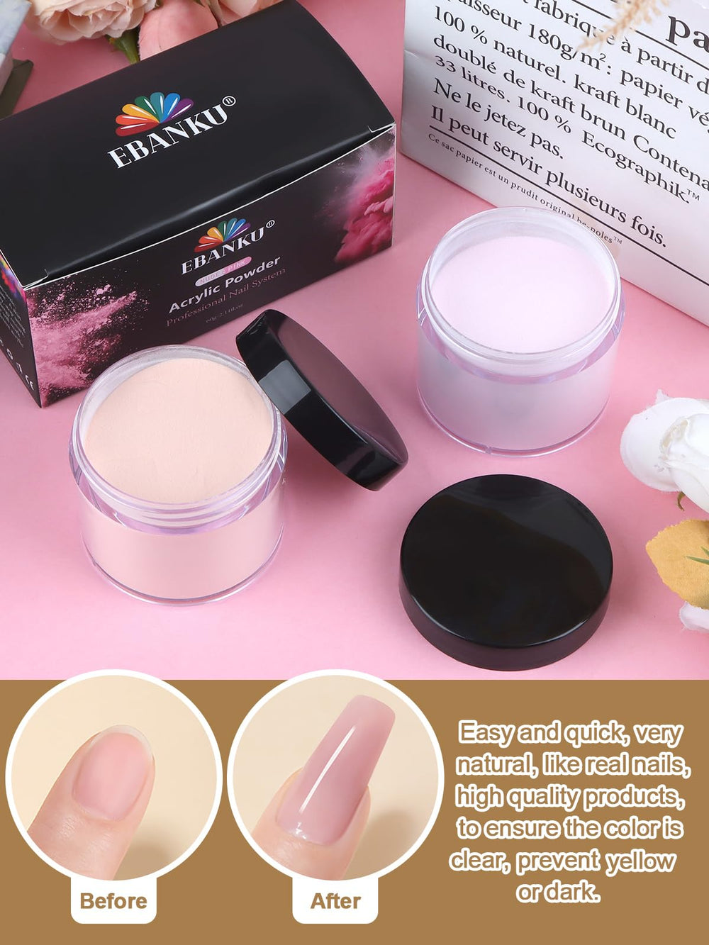 EBANKU extensión de uñas acrílicas con polvo rosa nude para diseño.