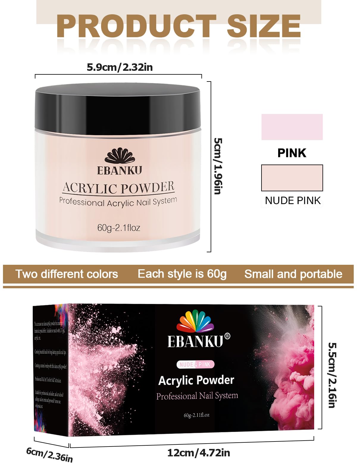 EBANKU polvo acrílico rosa nude en bote cercano para aplicación precisa.