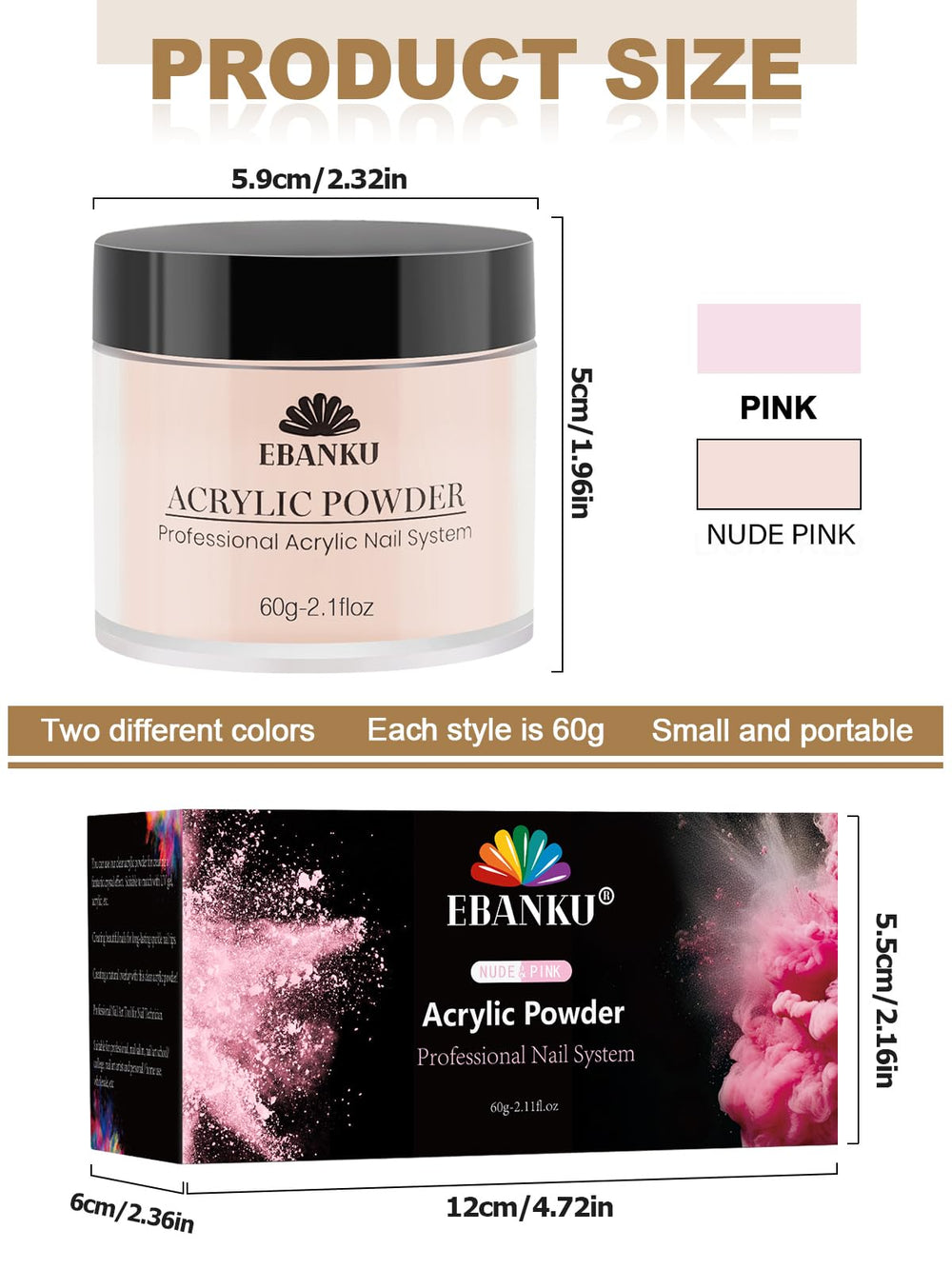 EBANKU polvo acrílico rosa nude en bote cercano para aplicación precisa.