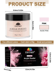 EBANKU polvo acrílico rosa nude en bote cercano para aplicación precisa.