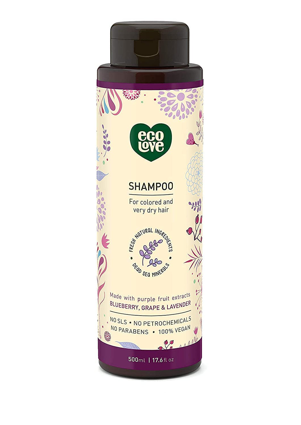 ecoLove champú arándano-uva-lavanda: botella atractiva para cabello teñido suave.