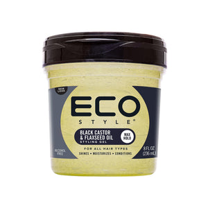 Gel Eco Style en bote con aceite de ricino para hidratación suave.