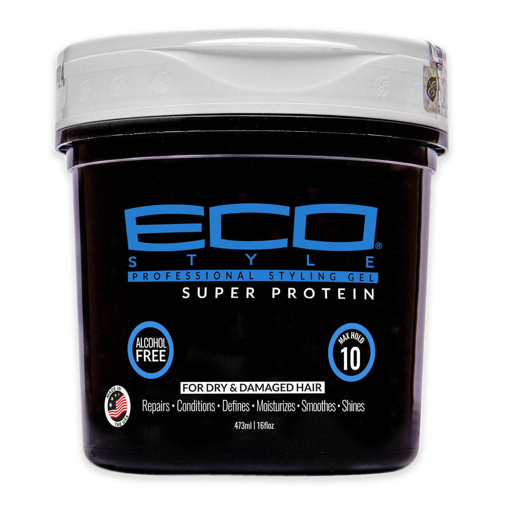 Eco Style gel de estilo con super proteína para brillo y fijación duradera.