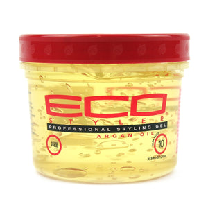 Eco Style Gel Argán Marroquí 12 oz en frasco para definición y control del peinado.