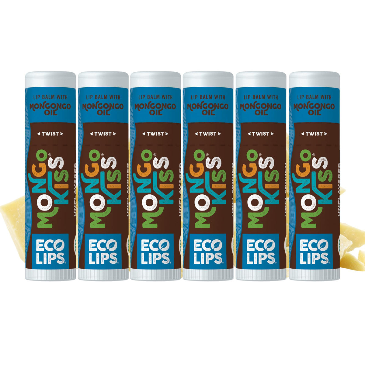 Mongo Kiss 6-pack de Eco Lips para hidratación prolongada de los labios sin fragancias.