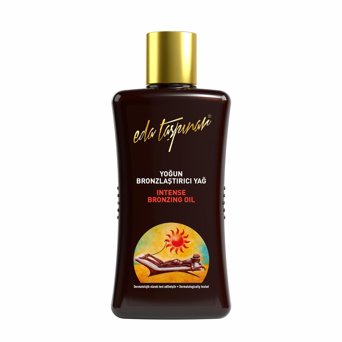 Botella del aceite bronceador intenso de Eda Taşpınar para un bronceado rápido y duradero.