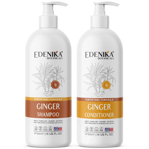 EDENIKA BOTANICALS Ginger Shampoo envase en primer plano para revitalizar el cabello