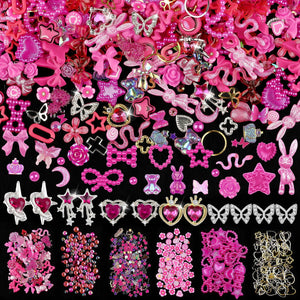 Adornos 3D de EditTime para uñas en rosa fucsia, brillo y estilo veraniego.