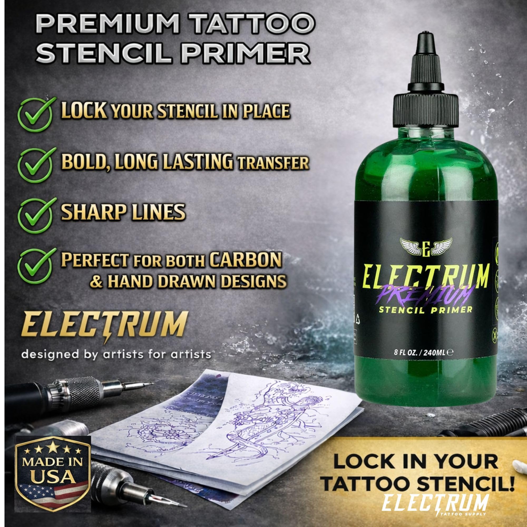 Plantillas de carbono con Electrum Gel, resultados oscuros y definidos.