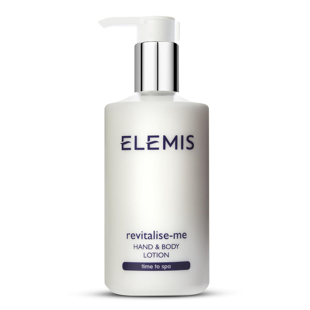 ELEMIS Revitalise-Me loción para manos y cuerpo, frasco vertiendo hidratación profunda.