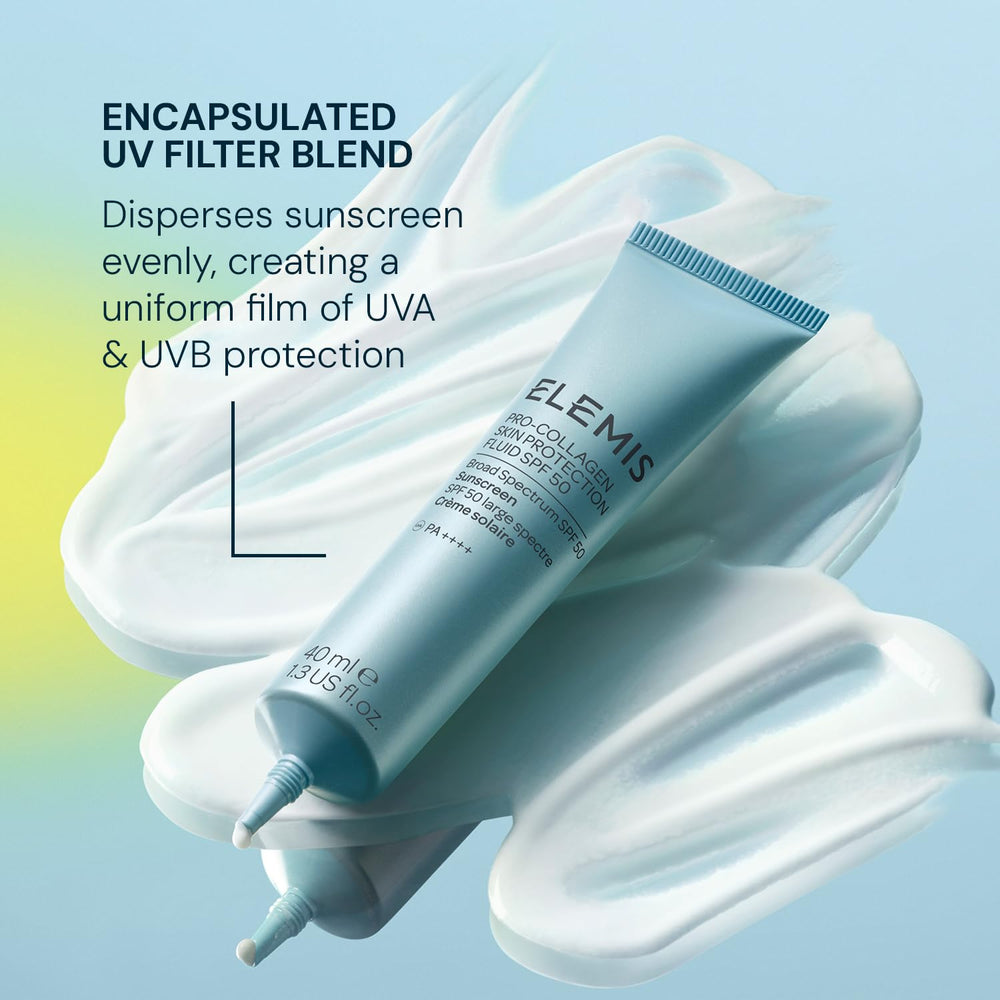 Elemis Pro-Collagen Fluid SPF 50, aplicación suave en cara y cuello.