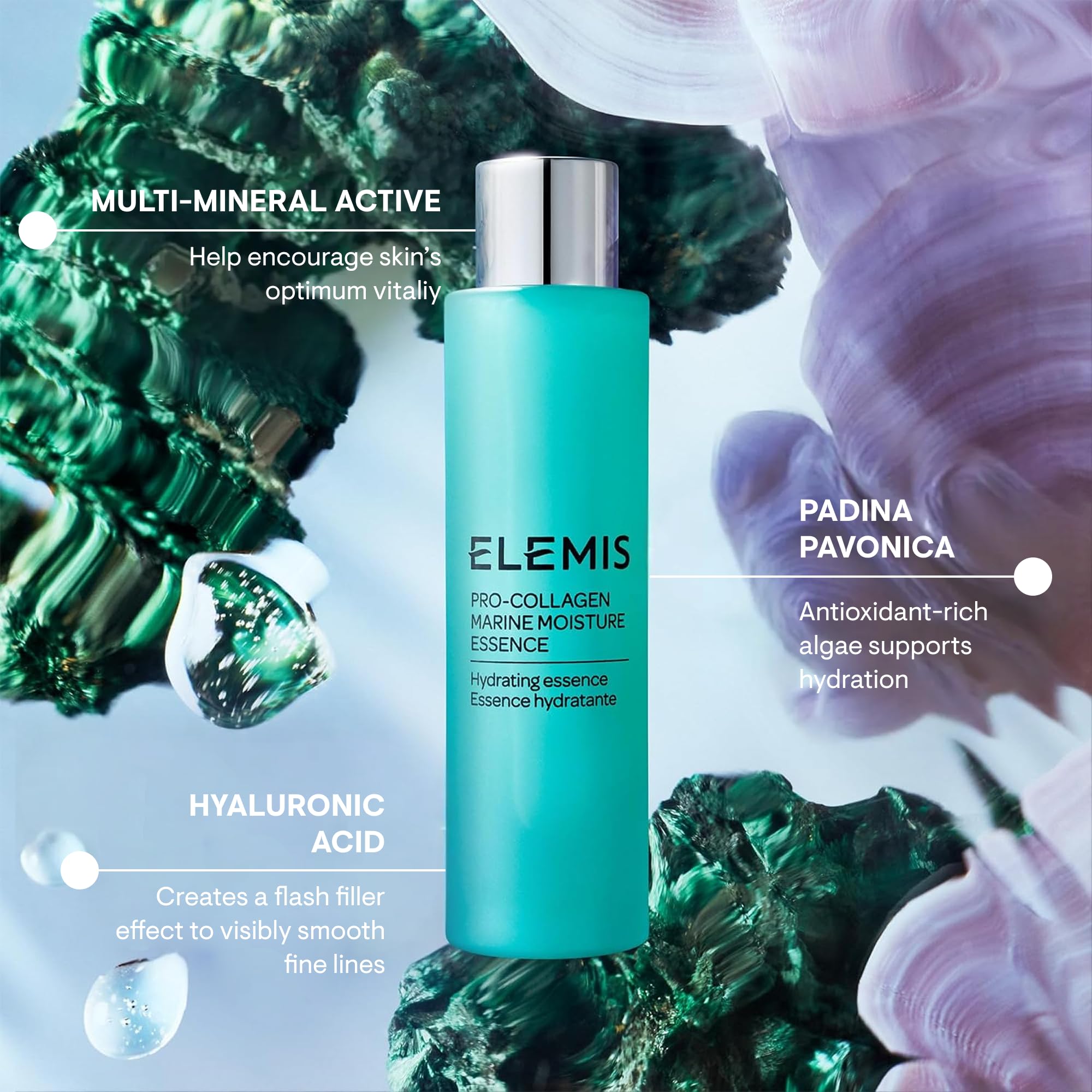 Envase compacto de ELEMIS Pro-Collagen Marine Moisture Essence, ideal para viaje.