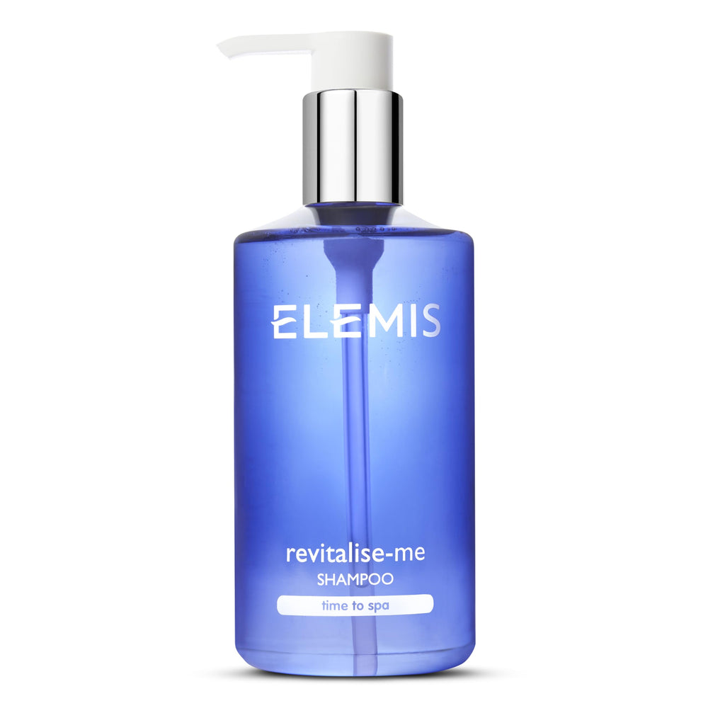 ELEMIS Revitalize-Me Shampoo botella vertiendo, aroma vigorizante para despertar el cuero cabelludo