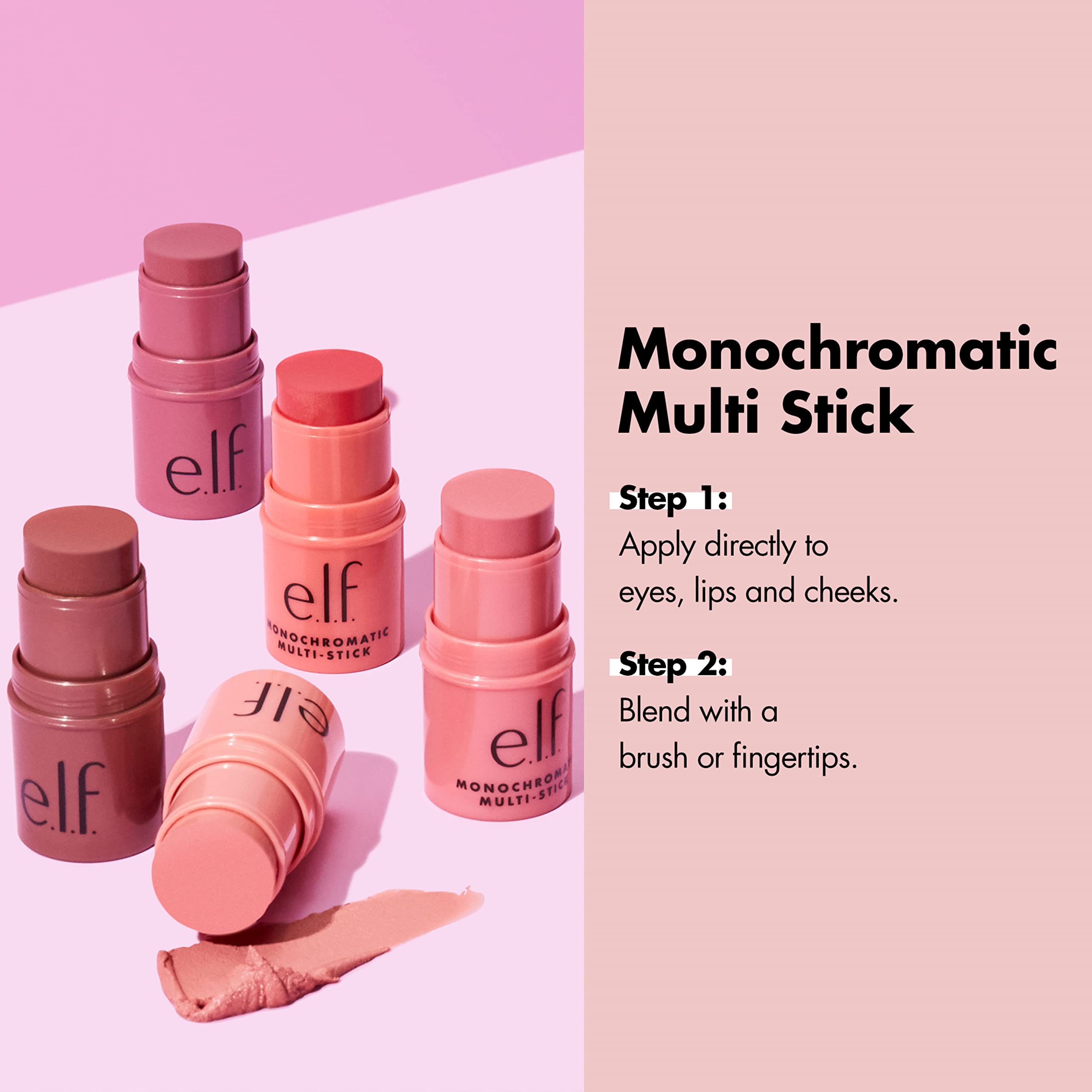 e.l.f. Monocromático Multi Stick en mejillas, rubor ligero y natural.
