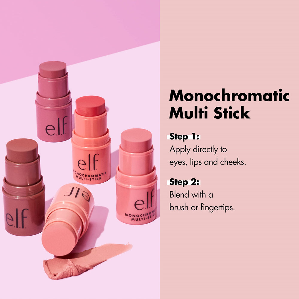 e.l.f. Monocromático Multi Stick en mejillas, rubor ligero y natural.