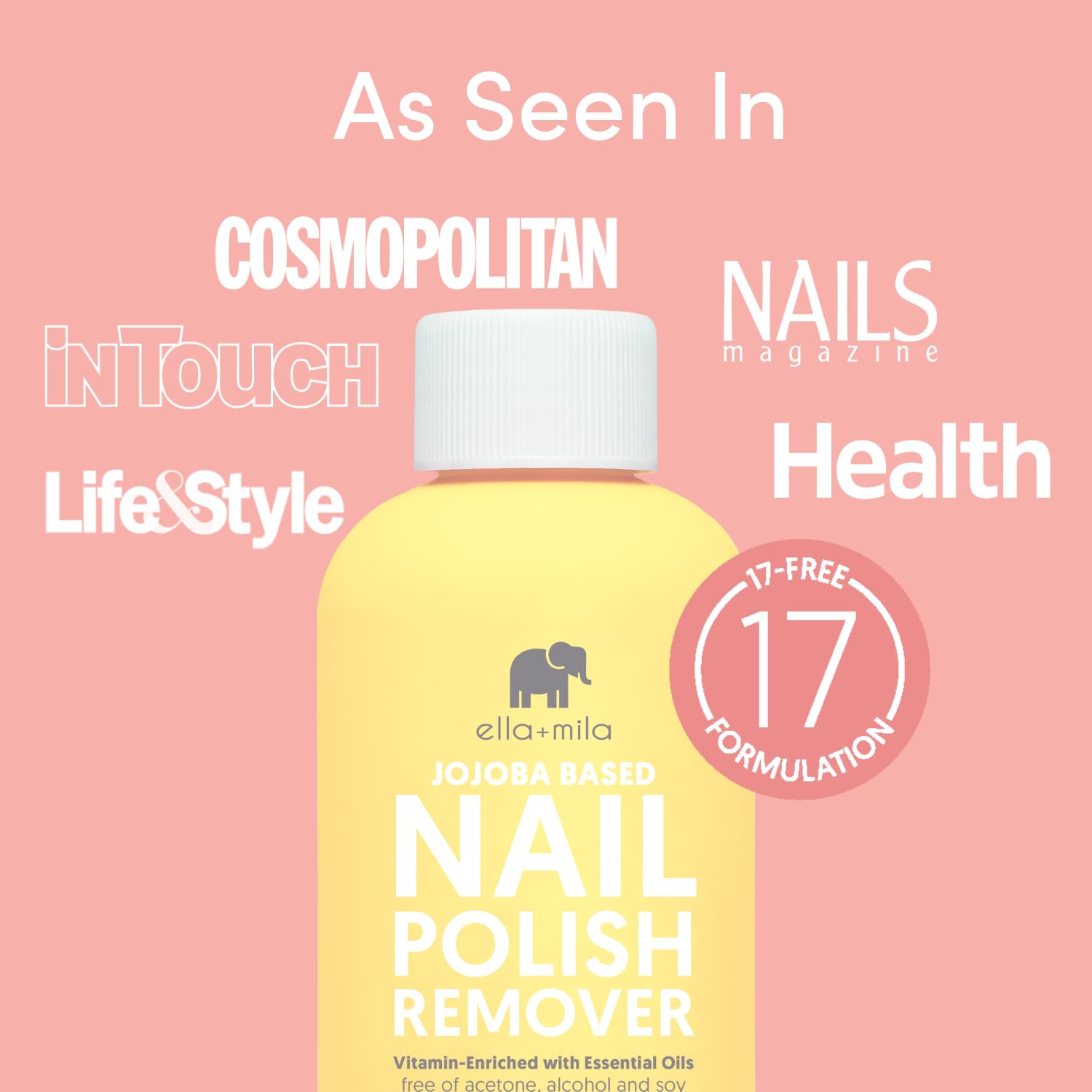 ella+mila remover uñas jojoba vitaminas para hidratación suave.