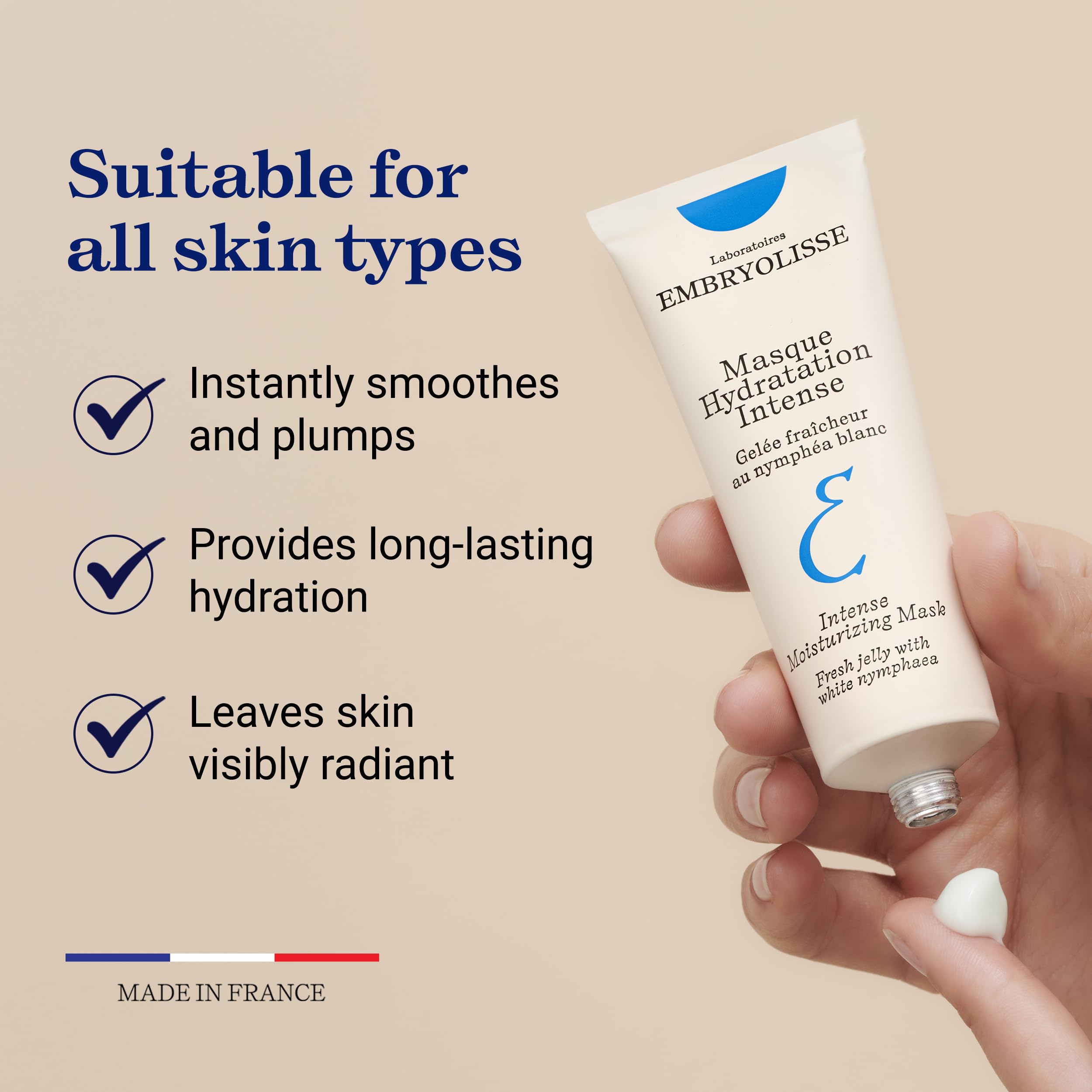 Embryolisse aplicación de mascarilla hidratante para piel sensible y calmada.