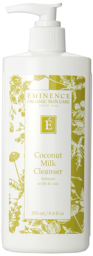 Eminence Leche Limpiadora de Coco, botella visible, limpia suavemente sin resecar.