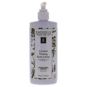 Locion corporal Eminence Organics con coco, foco en la botella, ofrece hidratacion profunda para uso diario.