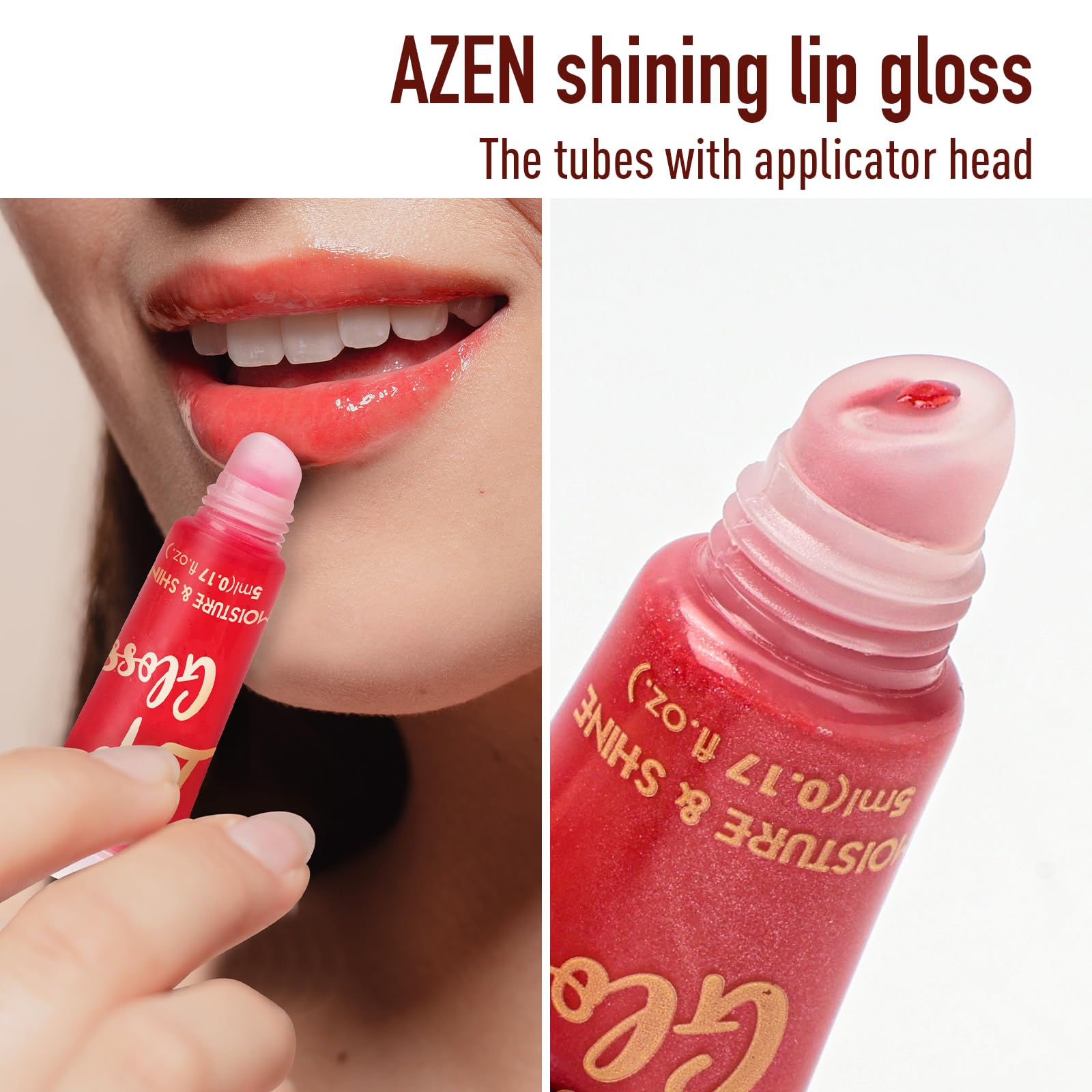 Envase translúcido de AZEN brillo labial con brillo luminoso.