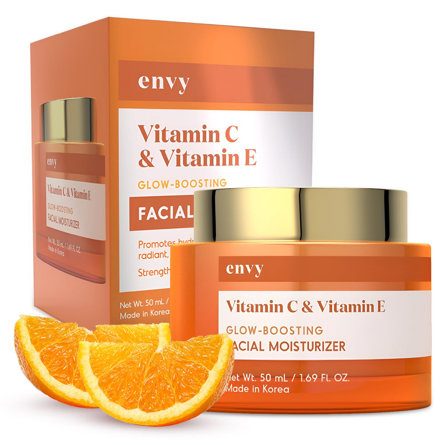 Envase de Envy crema rostro vitamina C y E, hidratación suave para la piel.