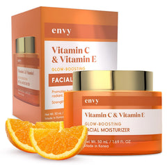 Envase de Envy crema rostro vitamina C y E, hidratación suave para la piel.