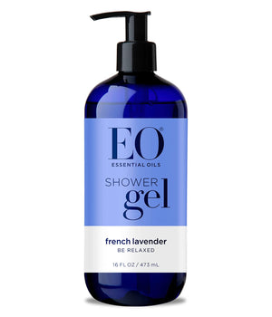 Botella EO gel ducha lavanda francesa con aroma relajante para la ducha.