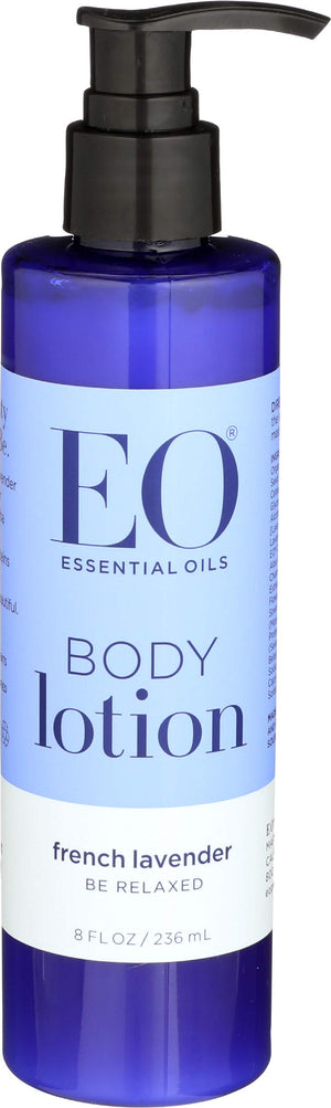 Loción EO con lavanda francesa en bote, hidrata y perfuma la piel suavemente.
