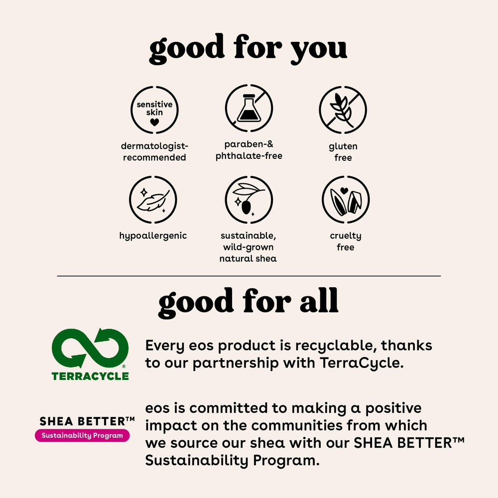 eos Strawberry Acai, fórmula hipoalergénica para piel sensible y uso diario.