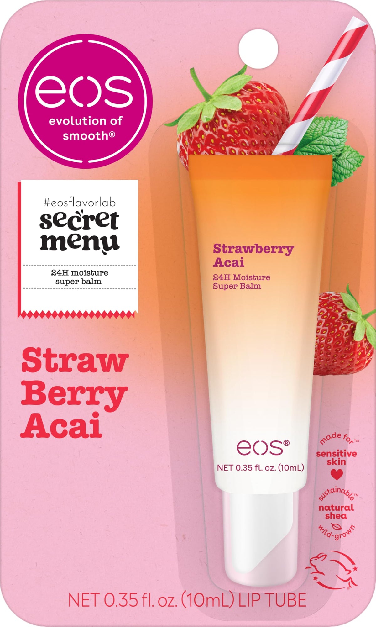 eos 24h hidratación ultra Strawberry Acai, empaque colorido para labios suaves todo el día.