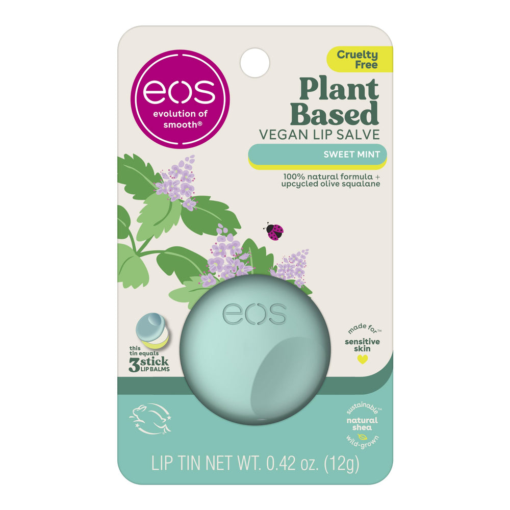 Bálsamo eos menta dulce en lata reciclable para hidratación prolongada.