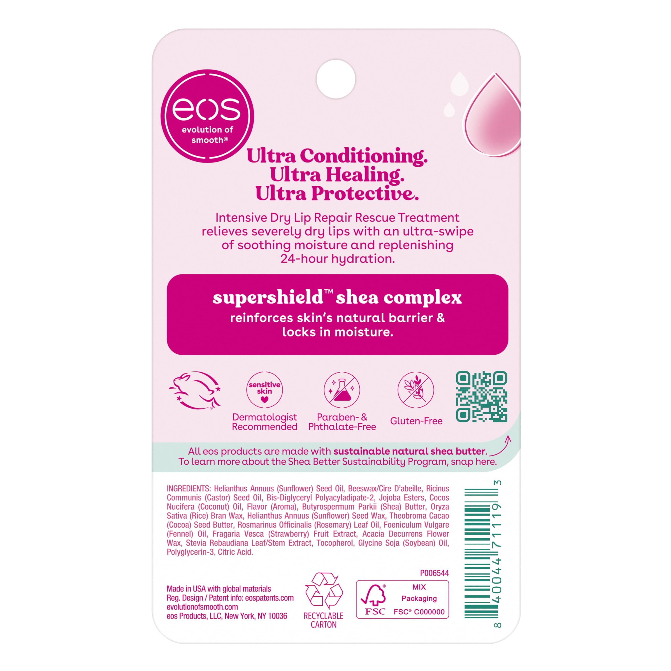 EOS The Hero Lip Repair certificado por PETA, cuidado responsable.