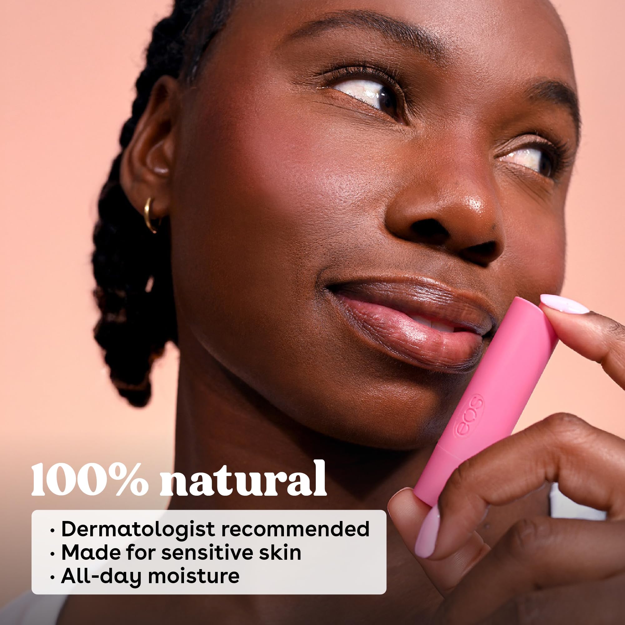 Aplicación suave con EOS Watermelon Frosé para labios sensibles durante el día.